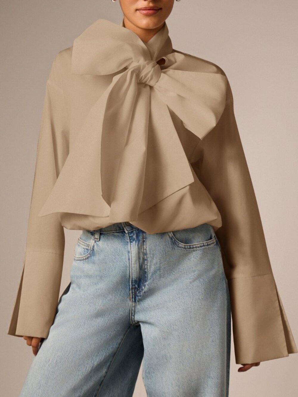 Elegant Women's Oversized Bow Neck Blouse With Bell Cuffs Long Sleeve